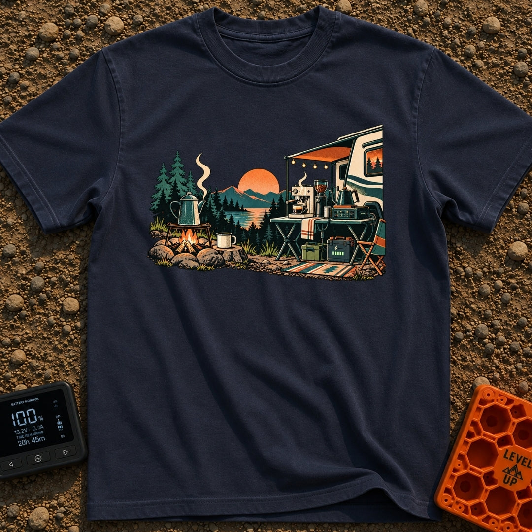 Same Brew New View - T-Shirt in Navy - A scenic campsite near a lake and mountains showing two ways to make coffee. On...