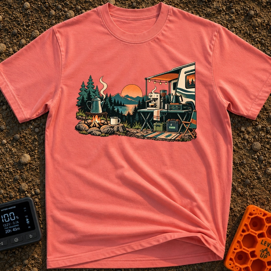Same Brew New View - T-Shirt in Watermelon - A scenic campsite near a lake and mountains showing two ways to make coffee....
