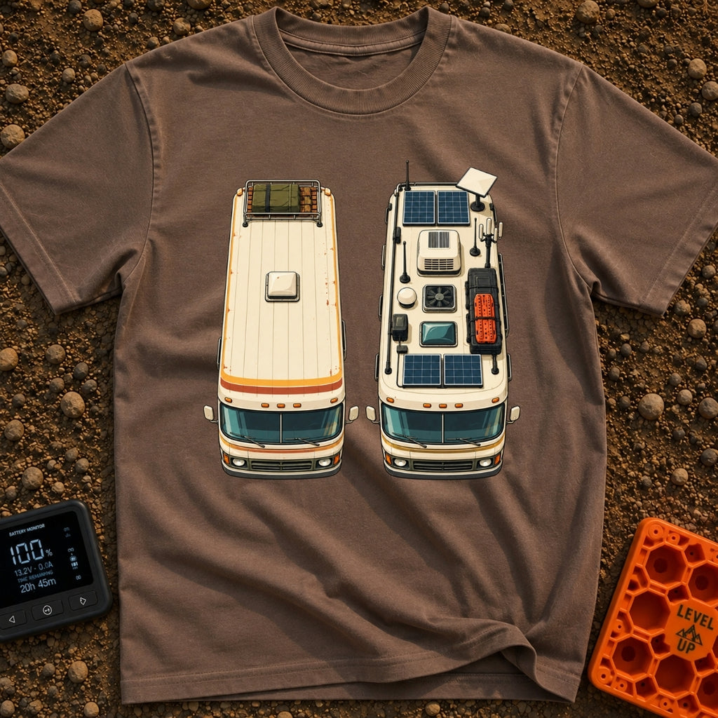 Old Souls New Roads - T-Shirt in Espresso - A top-down illustration of two identical motorhomes parked side-by-side,...