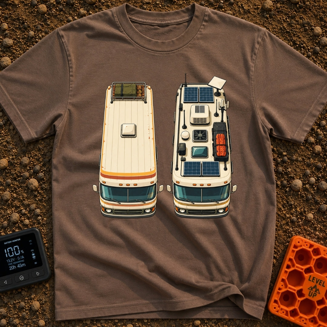 Old Souls New Roads - T-Shirt in Espresso - A top-down illustration of two identical motorhomes parked side-by-side,...