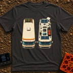 Old Souls New Roads - T-Shirt in Graphite - A top-down illustration of two identical motorhomes parked side-by-side,...