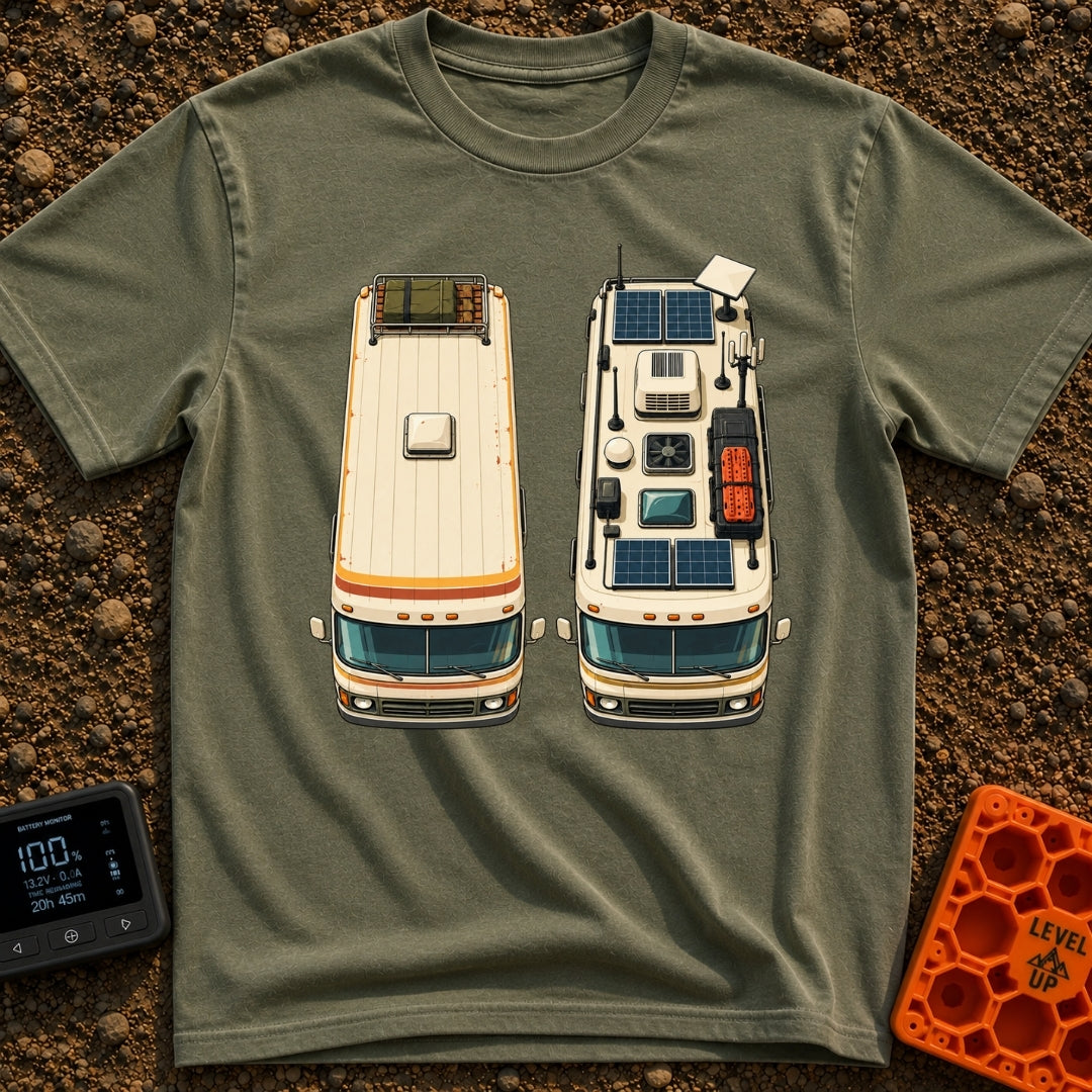 Old Souls New Roads - T-Shirt in Moss - A top-down illustration of two identical motorhomes parked side-by-side, showing...