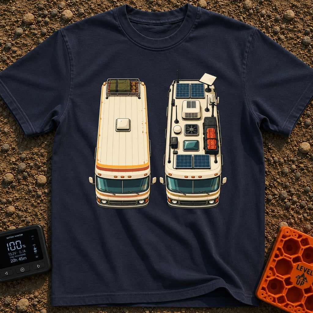 Old Souls New Roads - T-Shirt in Navy - A top-down illustration of two identical motorhomes parked side-by-side, showing...