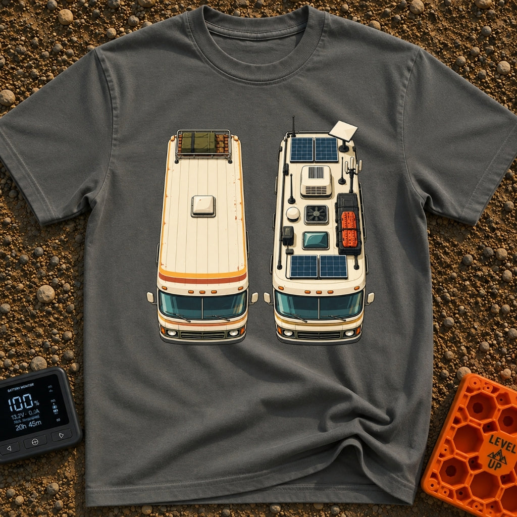 Old Souls New Roads - T-Shirt in Pepper - A top-down illustration of two identical motorhomes parked side-by-side,...