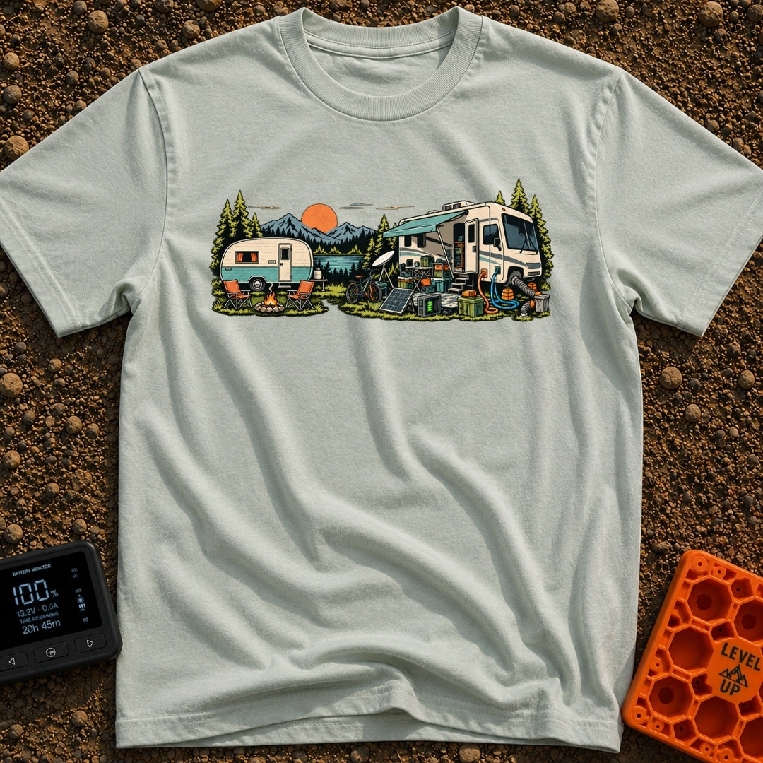 Good As Old - T-Shirt in Bay - An illustration comparing two campsite setups in front of a mountain lake at sunset,...