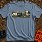 Good As Old - T-Shirt in Blue Jean - An illustration comparing two campsite setups in front of a mountain lake at sunset,...
