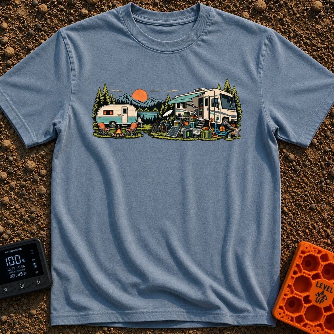 Good As Old - T-Shirt in Blue Jean - An illustration comparing two campsite setups in front of a mountain lake at sunset,...