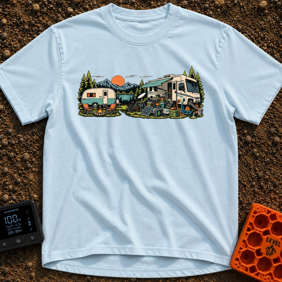 Good As Old - T-Shirt in Chambray - An illustration comparing two campsite setups in front of a mountain lake at sunset,...