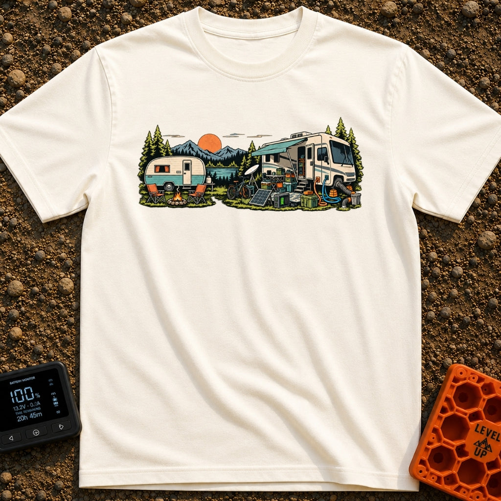 Good As Old - T-Shirt in Ivory - An illustration comparing two campsite setups in front of a mountain lake at sunset,...