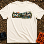 Good As Old - T-Shirt in Ivory - An illustration comparing two campsite setups in front of a mountain lake at sunset,...