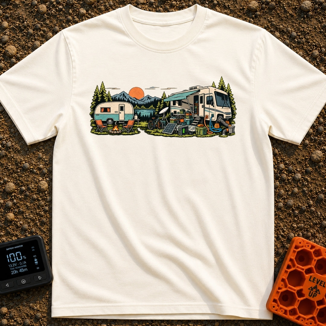 Good As Old - T-Shirt in Ivory - An illustration comparing two campsite setups in front of a mountain lake at sunset,...