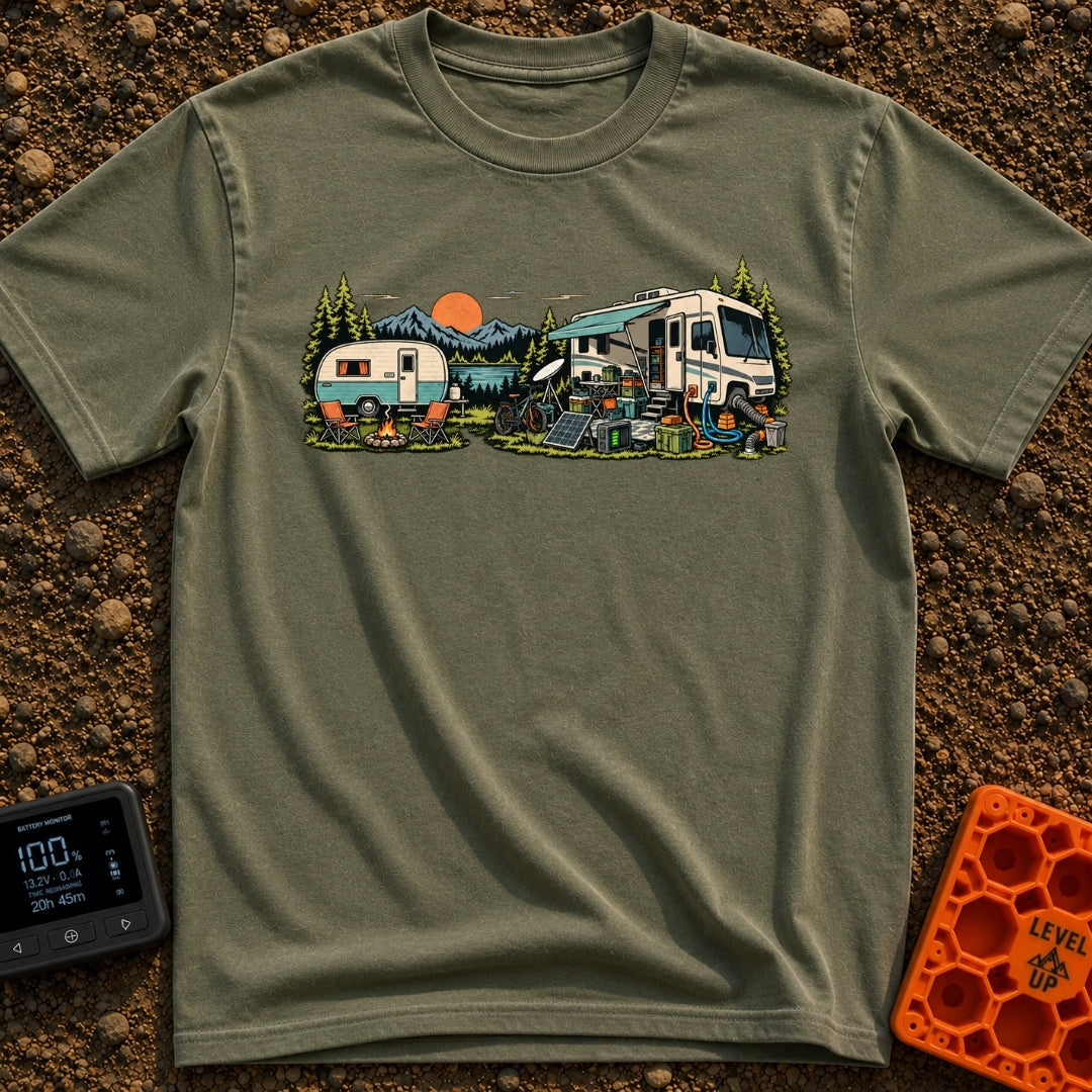 Good As Old - T-Shirt in Moss - An illustration comparing two campsite setups in front of a mountain lake at sunset,...