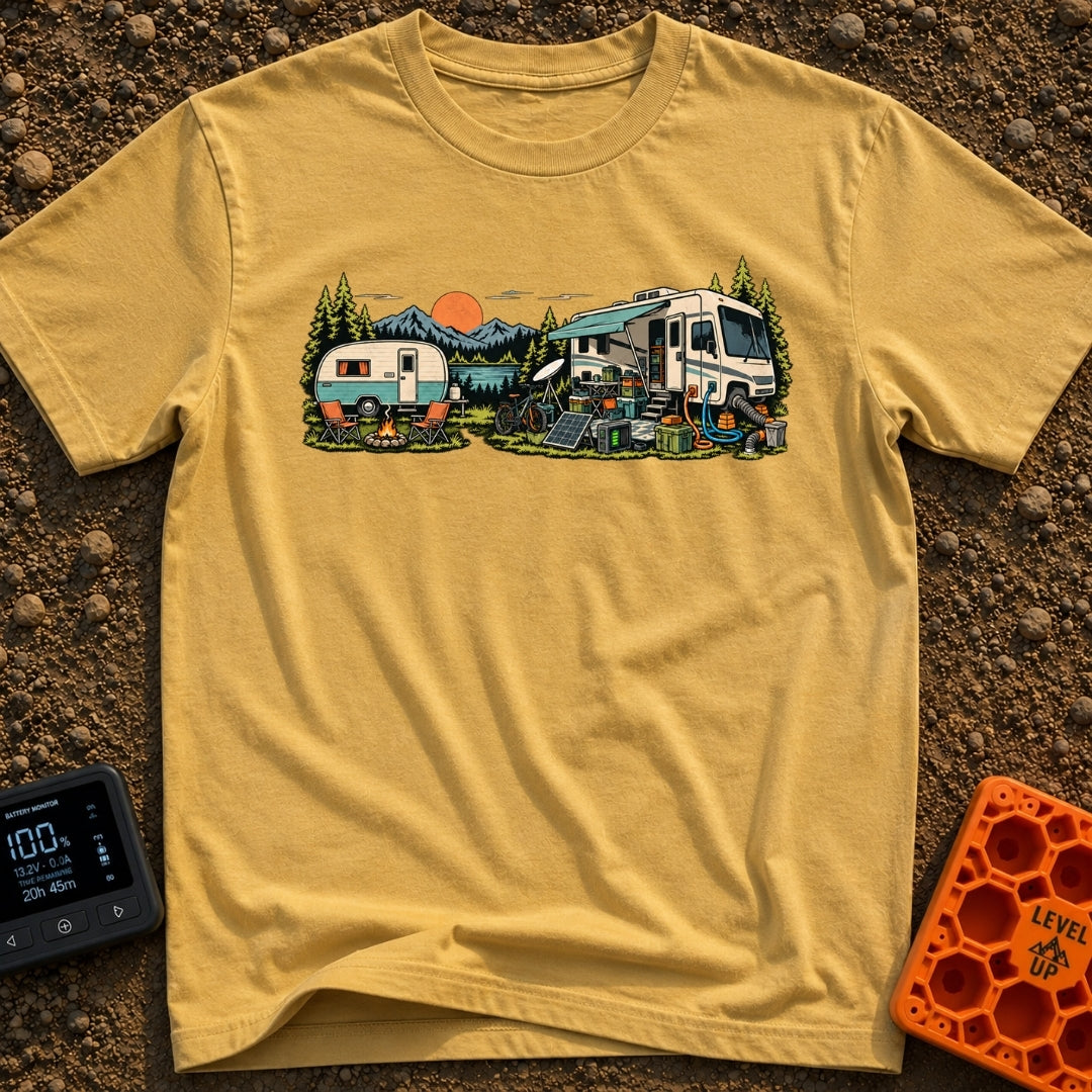 Good As Old - T-Shirt in Mustard - An illustration comparing two campsite setups in front of a mountain lake at sunset,...