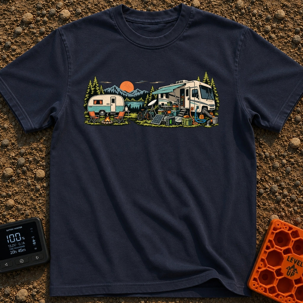 Good As Old - T-Shirt in Navy - An illustration comparing two campsite setups in front of a mountain lake at sunset,...