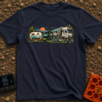 Good As Old - T-Shirt in Navy - An illustration comparing two campsite setups in front of a mountain lake at sunset,...