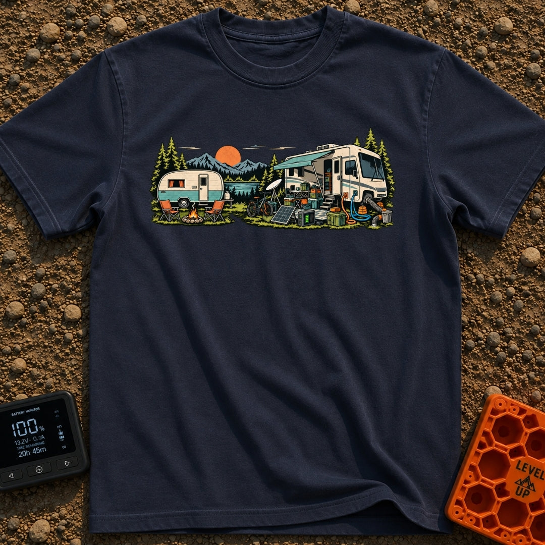 Good As Old - T-Shirt in Navy - An illustration comparing two campsite setups in front of a mountain lake at sunset,...