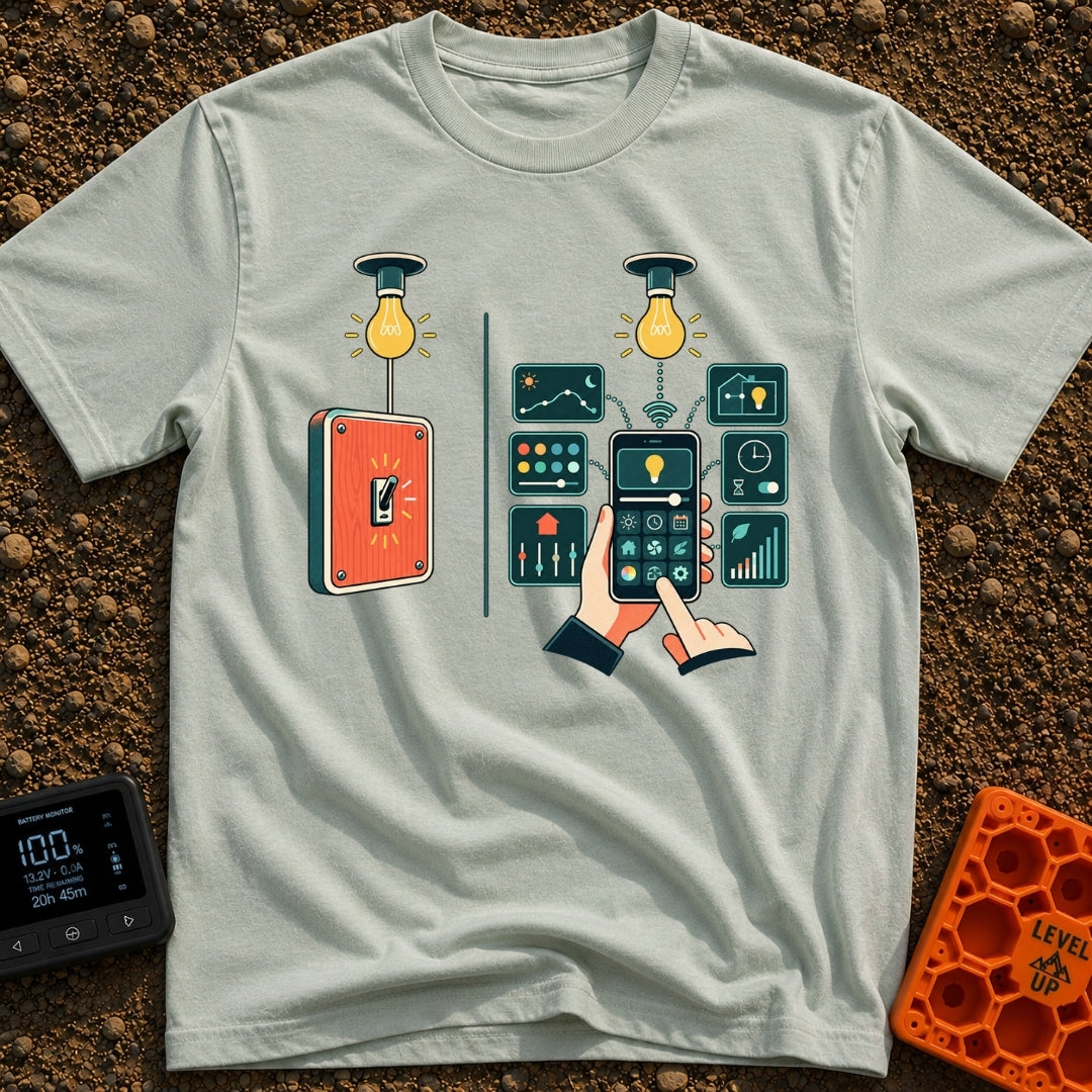 Old Soul New Lights - T-Shirt in Bay - A split illustration showing a simple manual wall switch turning on a light bulb...