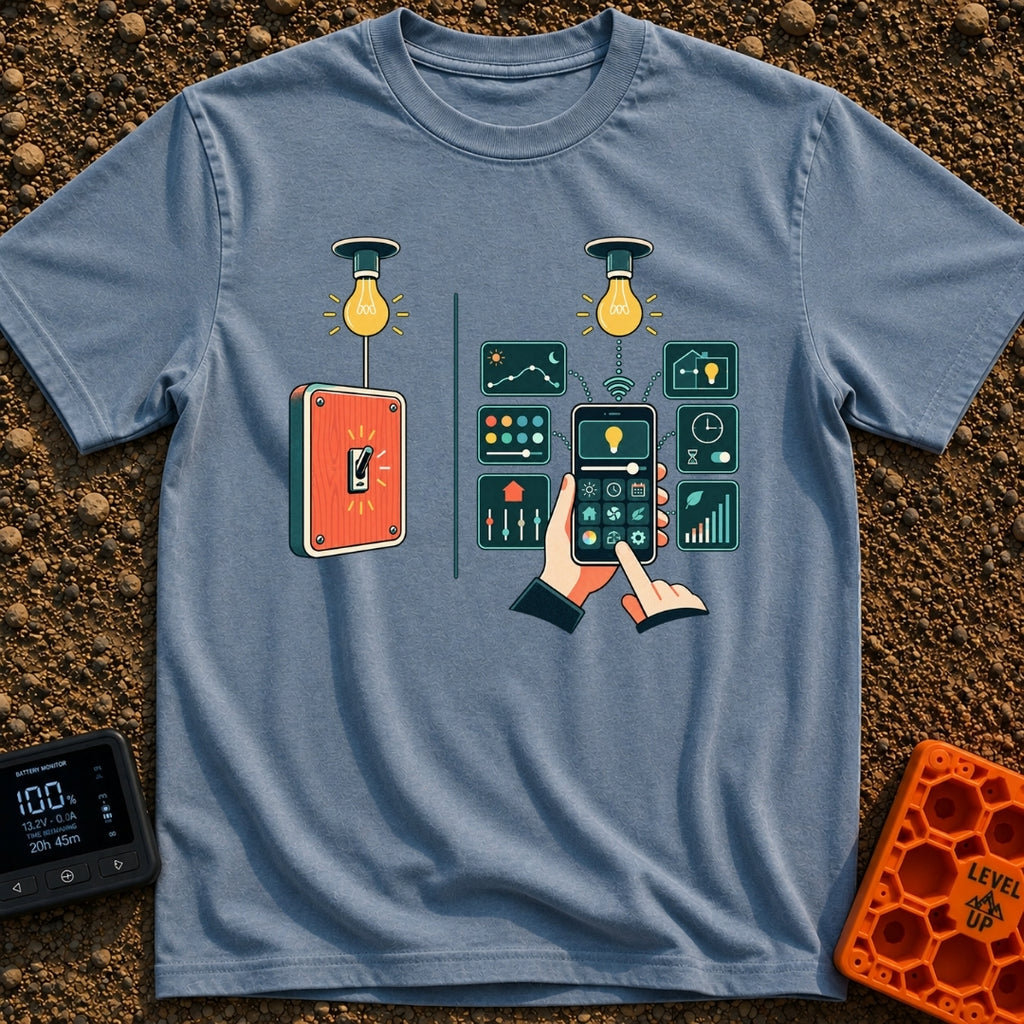 Old Soul New Lights - T-Shirt in Blue Jean - A split illustration showing a simple manual wall switch turning on a light...
