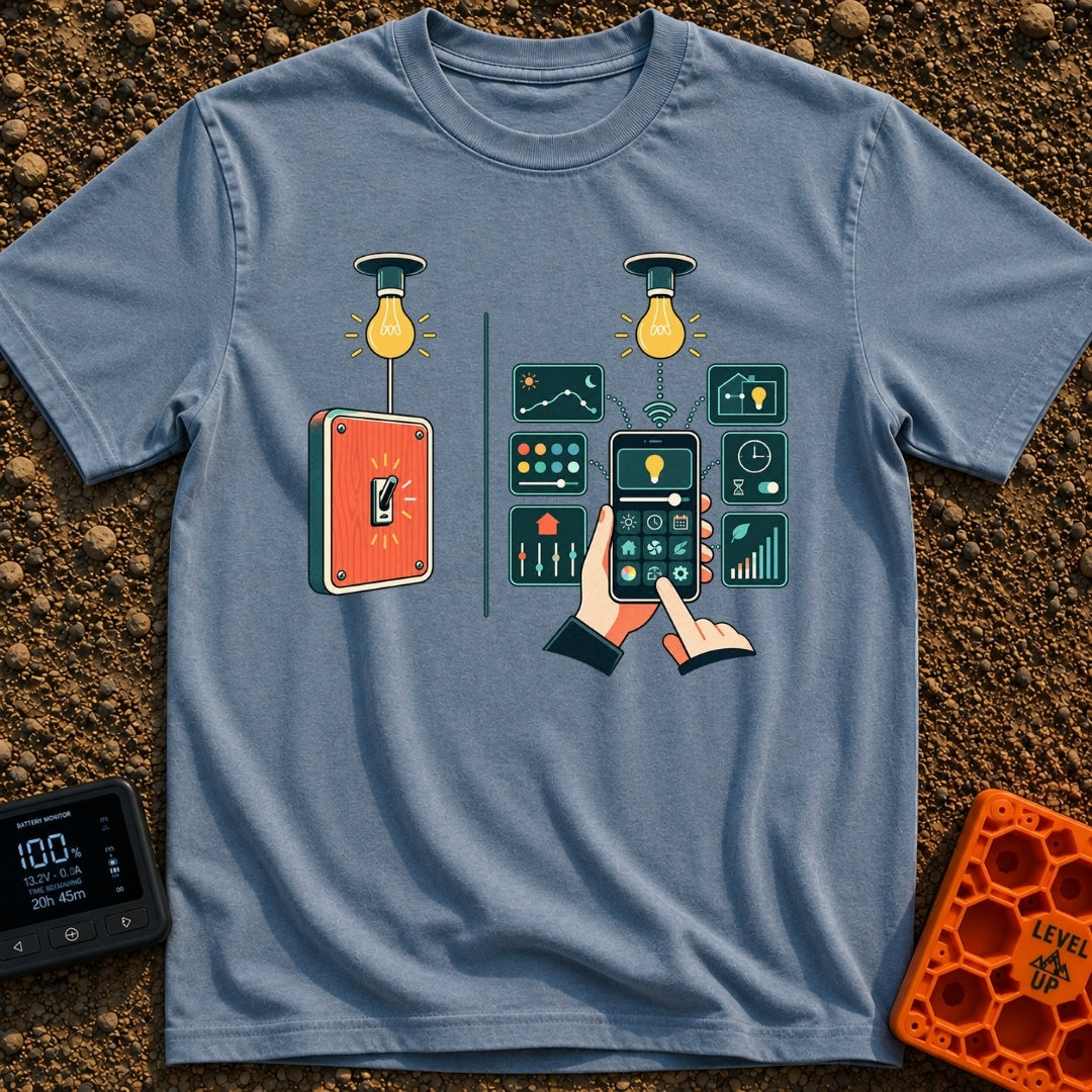Old Soul New Lights - T-Shirt in Blue Jean - A split illustration showing a simple manual wall switch turning on a light...