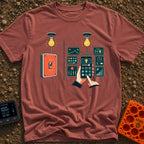 Old Soul New Lights - T-Shirt in Brick - A split illustration showing a simple manual wall switch turning on a light bulb...