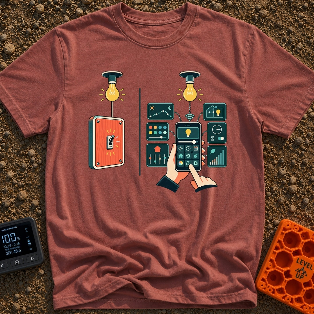 Old Soul New Lights - T-Shirt in Brick - A split illustration showing a simple manual wall switch turning on a light bulb...