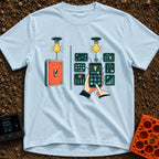 Old Soul New Lights - T-Shirt in Chambray - A split illustration showing a simple manual wall switch turning on a light...