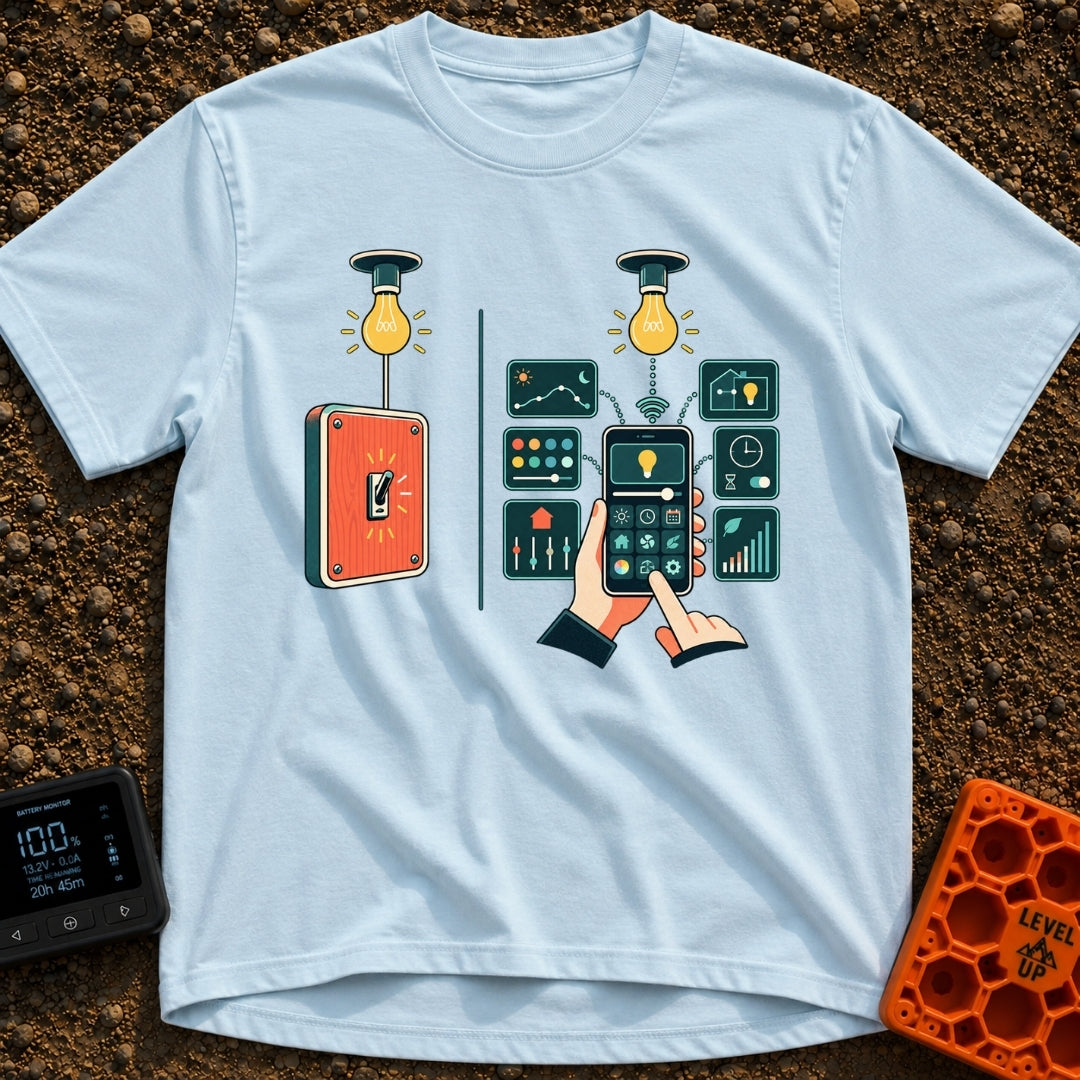 Old Soul New Lights - T-Shirt in Chambray - A split illustration showing a simple manual wall switch turning on a light...