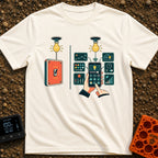 Old Soul New Lights - T-Shirt in Ivory - A split illustration showing a simple manual wall switch turning on a light bulb...