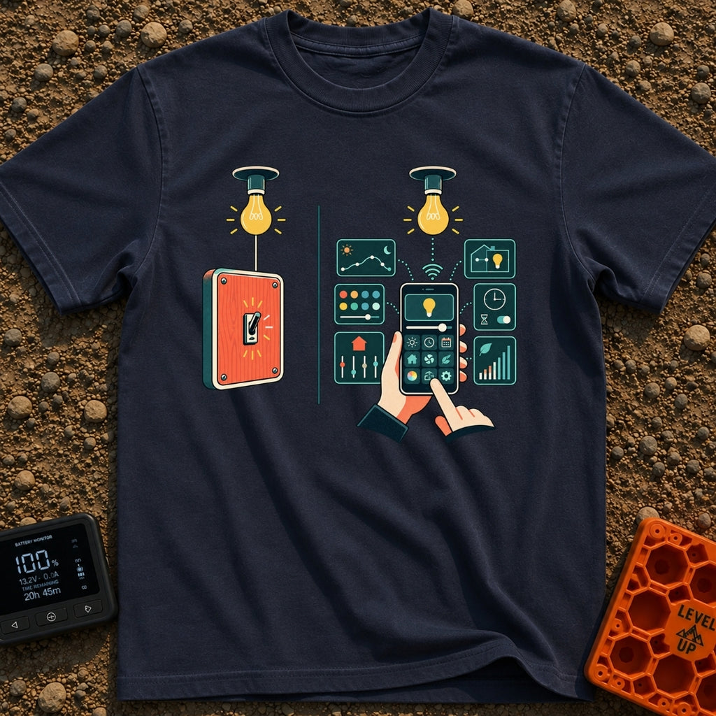 Old Soul New Lights - T-Shirt in Navy - A split illustration showing a simple manual wall switch turning on a light bulb...