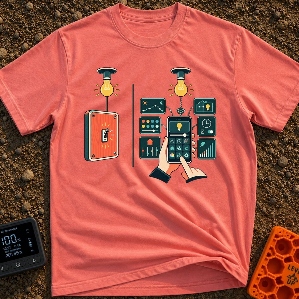 Old Soul New Lights - T-Shirt in Watermelon - A split illustration showing a simple manual wall switch turning on a light...