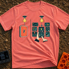 Old Soul New Lights - T-Shirt in Watermelon - A split illustration showing a simple manual wall switch turning on a light...