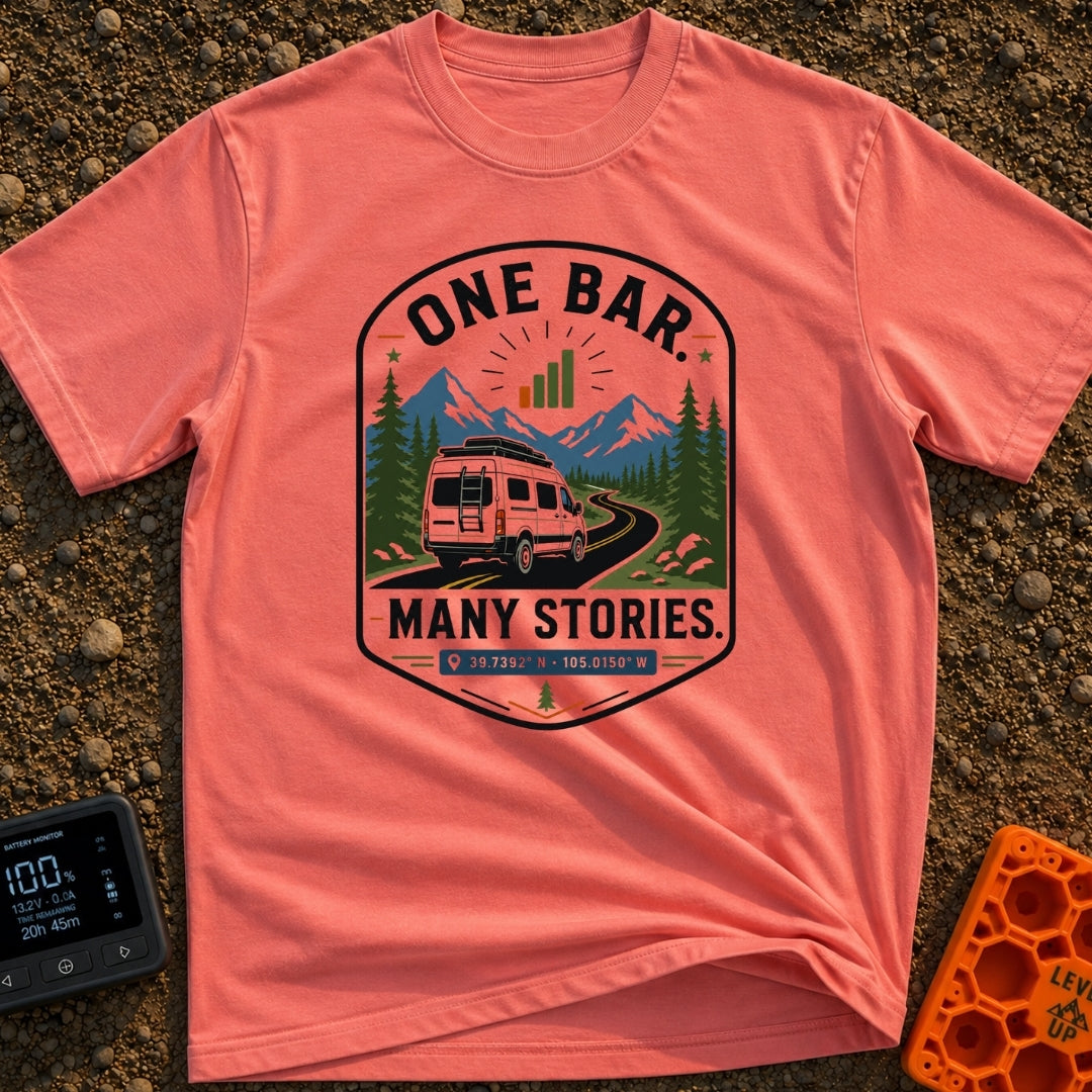 One Bar Many Stories - T-Shirt in Watermelon - A badge-style design showing a white camper van driving along a winding...