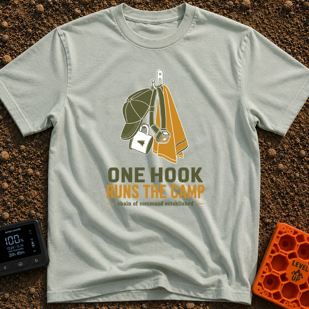 One Hook Rules Camp - T-Shirt in Bay - An illustration of a single wall hook holding multiple items: a green baseball...
