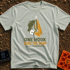 One Hook Rules Camp - T-Shirt in Bay - An illustration of a single wall hook holding multiple items: a green baseball...