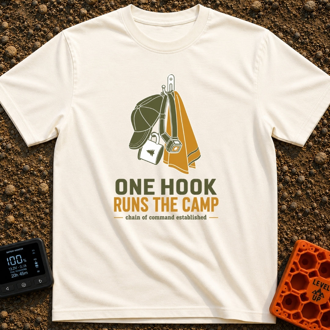 One Hook Rules Camp - T-Shirt in Ivory - An illustration of a single wall hook holding multiple items: a green baseball...