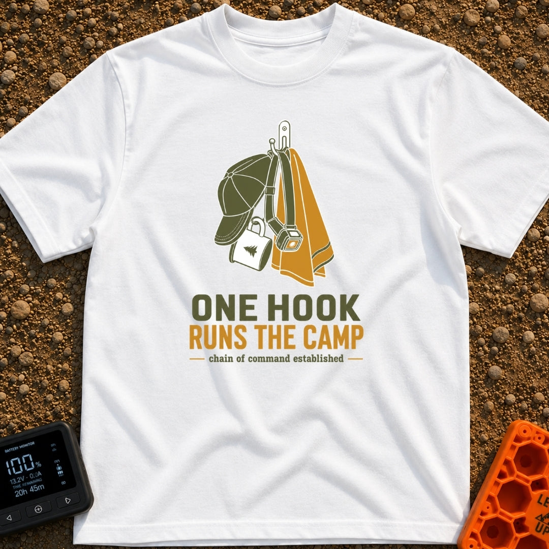 One Hook Rules Camp - T-Shirt in White - An illustration of a single wall hook holding multiple items: a green baseball...