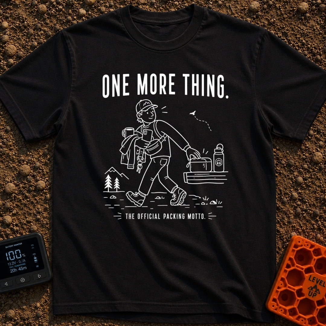 Just One More Mile - T-Shirt in Black - A white line drawing on a black background showing a hiker with their arms full...