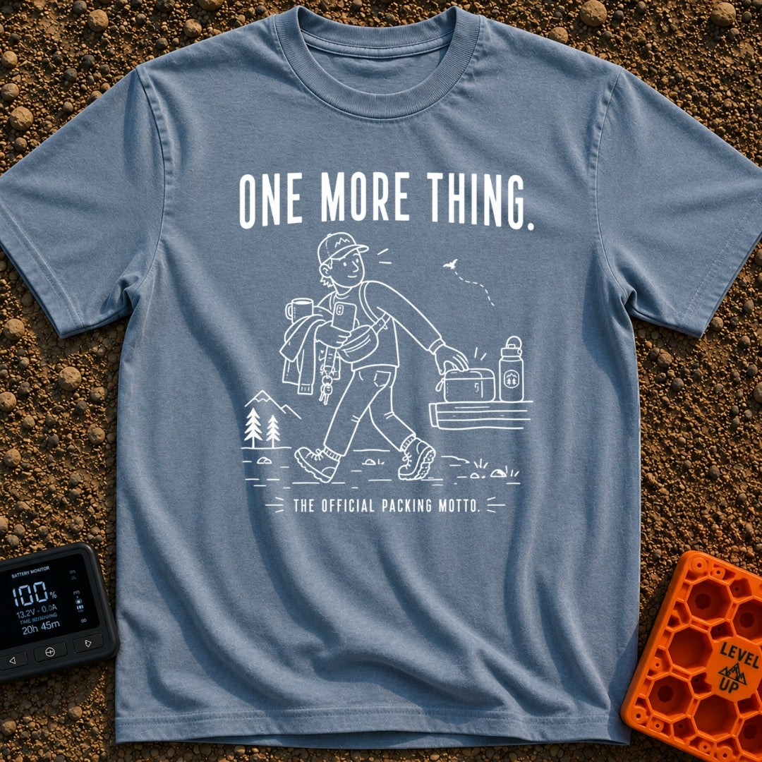 Just One More Mile - T-Shirt in Blue Jean - A white line drawing on a black background showing a hiker with their arms...