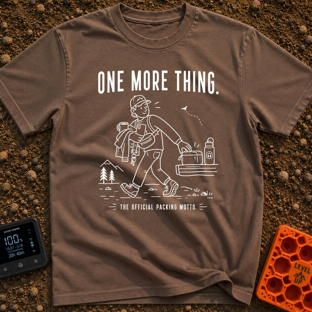 Just One More Mile - T-Shirt in Espresso - A white line drawing on a black background showing a hiker with their arms...