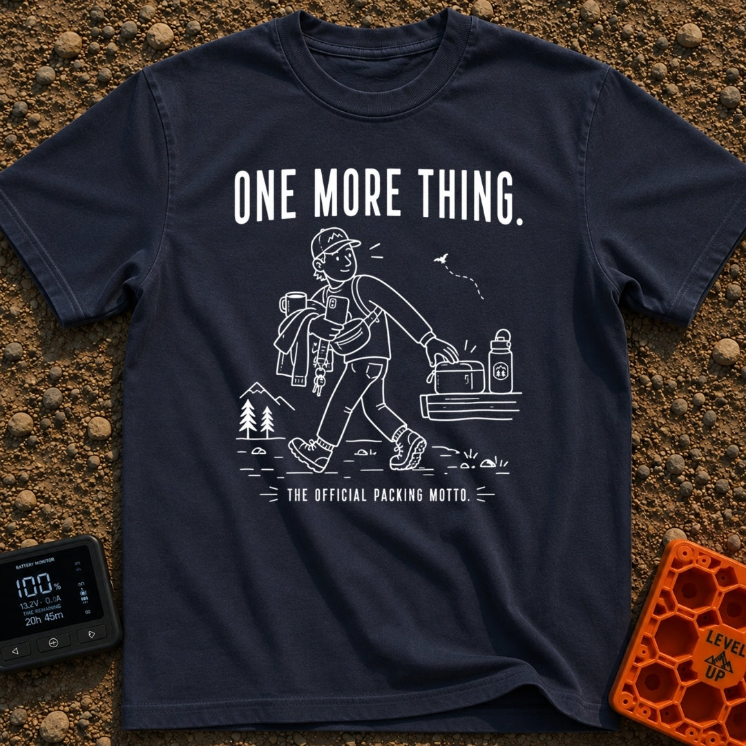 Just One More Mile - T-Shirt in Navy - A white line drawing on a black background showing a hiker with their arms full of...