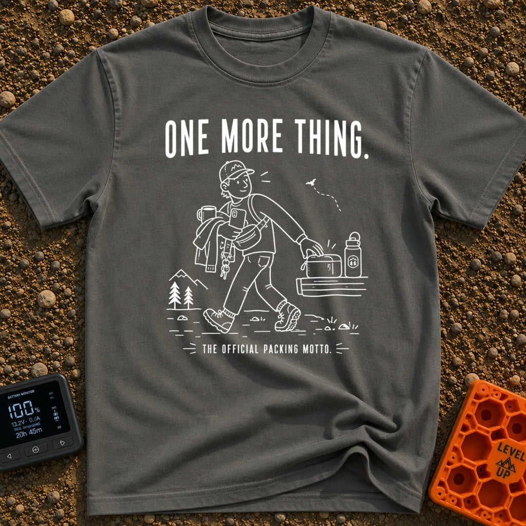 Just One More Mile - T-Shirt in Pepper - A white line drawing on a black background showing a hiker with their arms full...