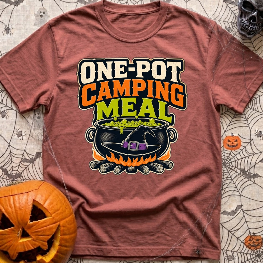One Pot Wonder - T-Shirt in Brick - The text "ONE-POT CAMPING MEAL" is displayed above an illustration of a black witch's...
