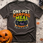 One Pot Wonder - T-Shirt in Graphite - The text "ONE-POT CAMPING MEAL" is displayed above an illustration of a black...