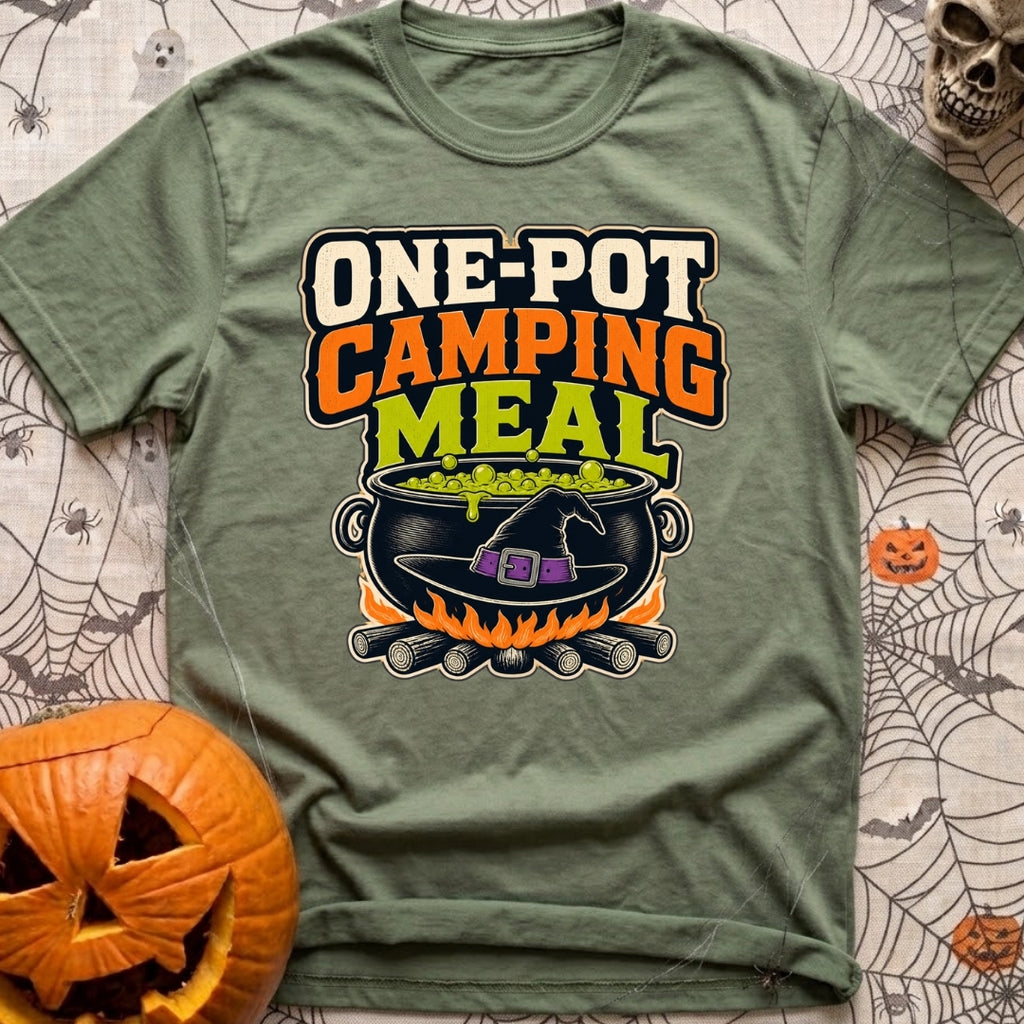 One Pot Wonder - T-Shirt in Moss - The text "ONE-POT CAMPING MEAL" is displayed above an illustration of a black witch's...