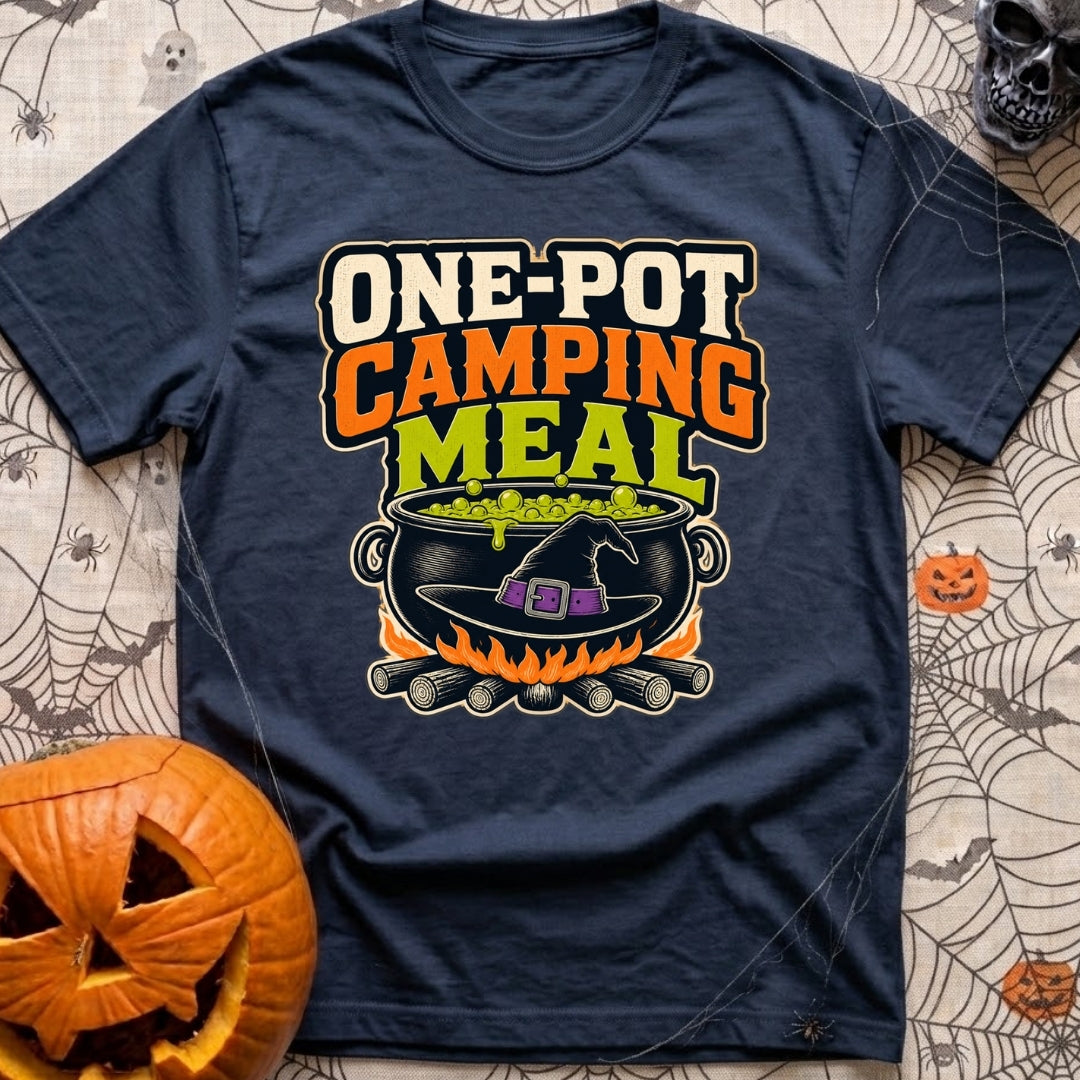 One Pot Wonder - T-Shirt in Navy - The text "ONE-POT CAMPING MEAL" is displayed above an illustration of a black witch's...