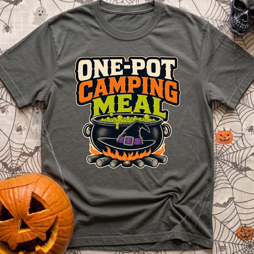 One Pot Wonder - T-Shirt in Pepper - The text "ONE-POT CAMPING MEAL" is displayed above an illustration of a black...
