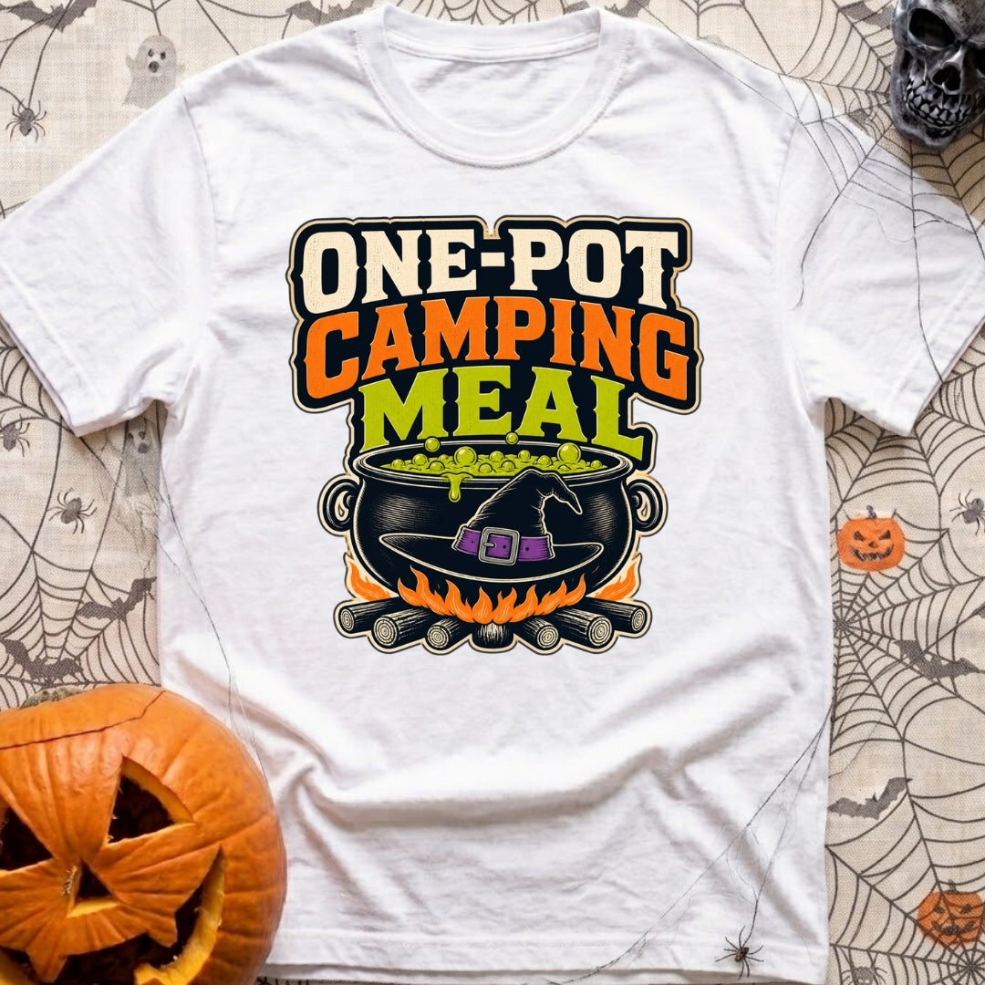 One Pot Wonder - T-Shirt in White - The text "ONE-POT CAMPING MEAL" is displayed above an illustration of a black witch's...