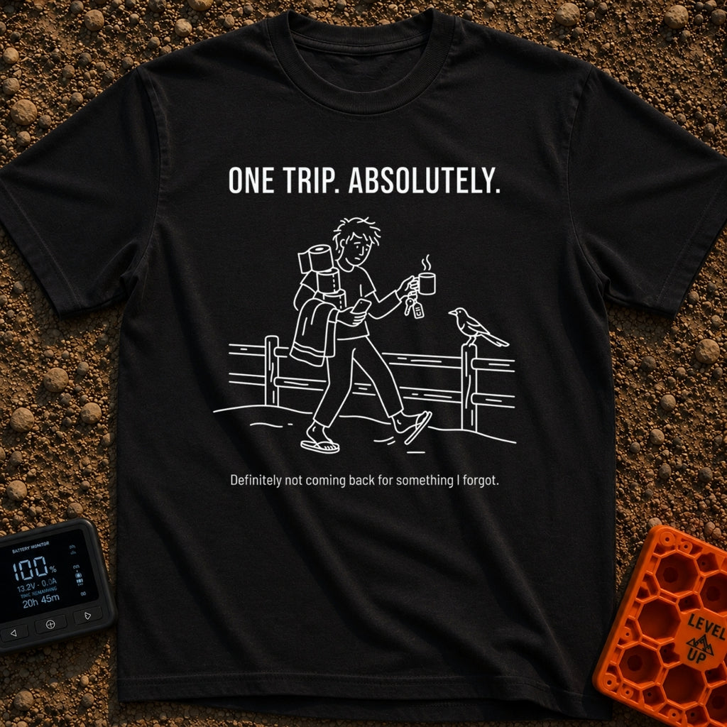 One Trip Or Bust - T-Shirt in Black - A white line drawing on a black background showing a person in flip-flops walking...