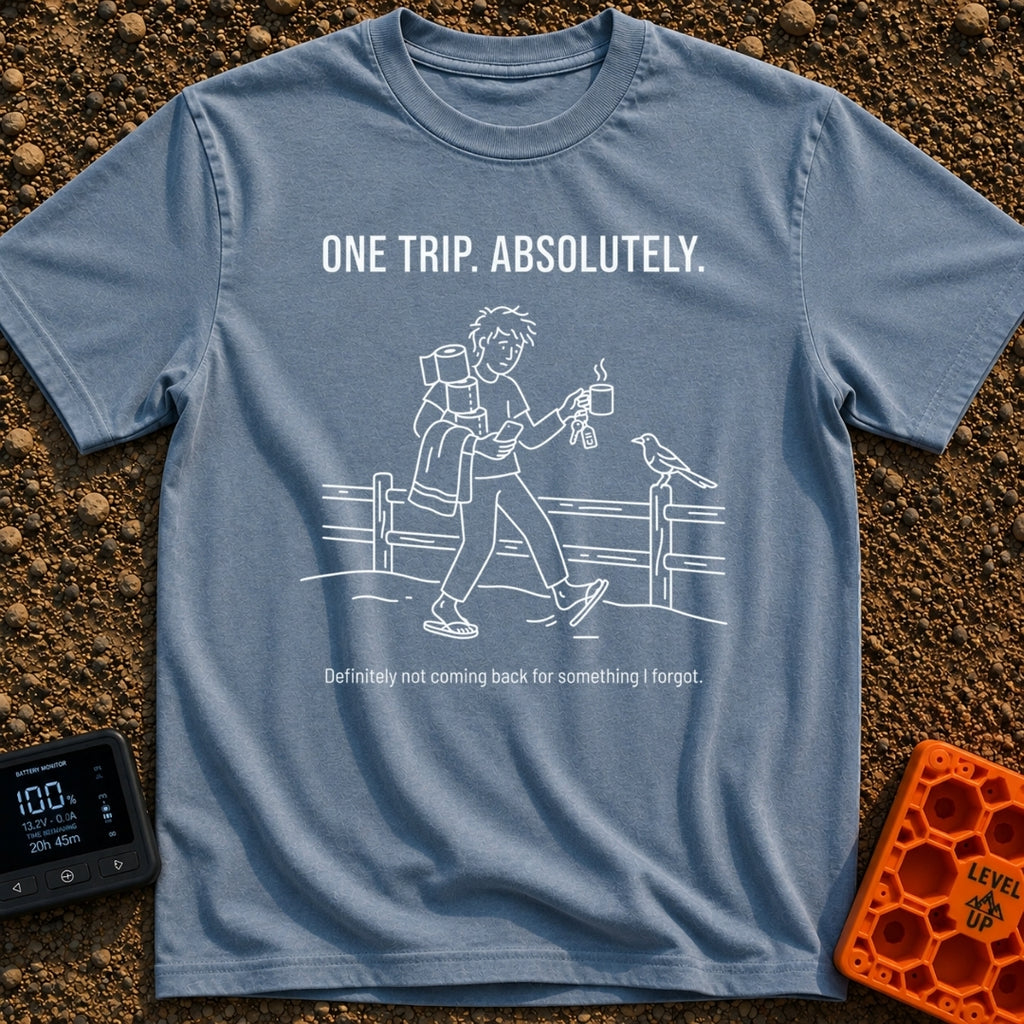One Trip Or Bust - T-Shirt in Blue Jean - A white line drawing on a black background showing a person in flip-flops...