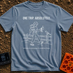 One Trip Or Bust - T-Shirt in Blue Jean - A white line drawing on a black background showing a person in flip-flops...